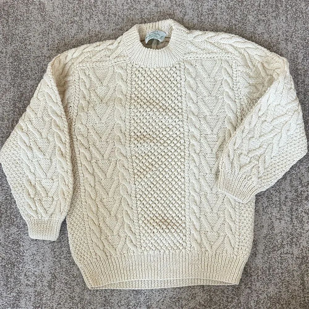 Quills Hand Knit Aran Irish Wool Sweater L/XL